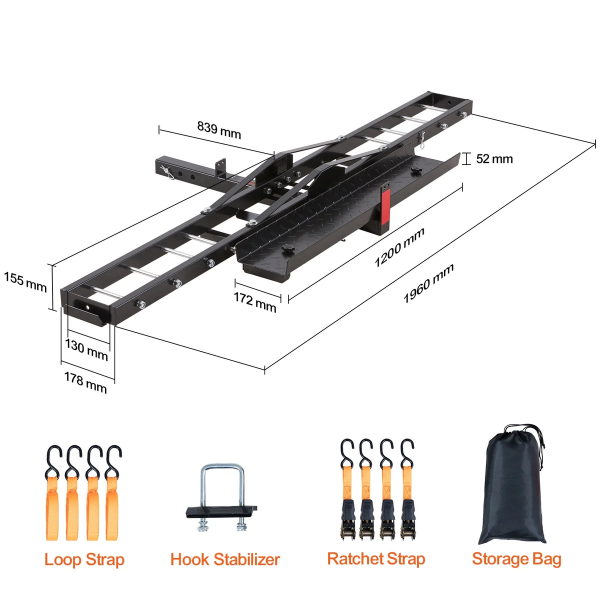 KFFKFF Steel Motorcycle Hitch Carrier, 600 LBS Capacity, Includes Ramp, Ratchet Straps & Stabilizer, Fits 2" Hitch Receivers on Cars & Trucks
