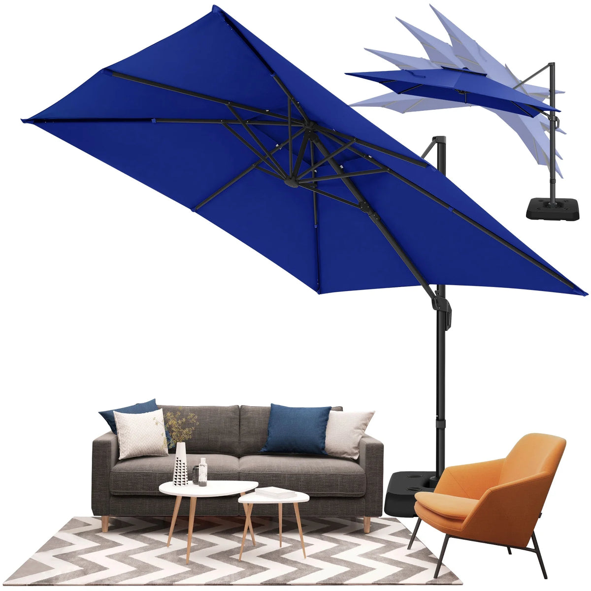 HOTEEL 10 Ft Patio Umbrella Outdoor Cantilever Square Umbrella Aluminum Offset Umbrella with Base, 360° Rotation，Gray