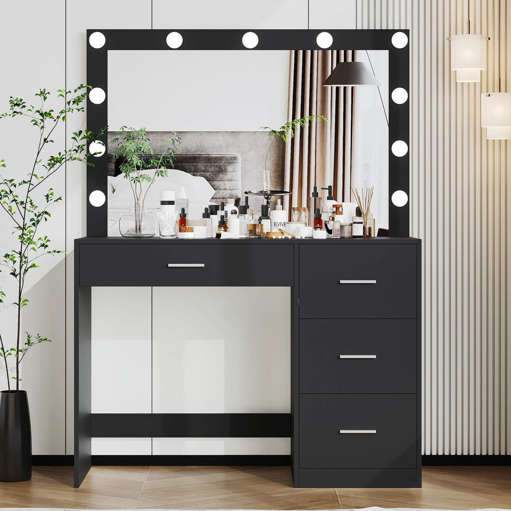 Modern Makeup Vanity Table with Lights, Vanity Desk with Mirror, 4 Drawers, Dressing Table, White