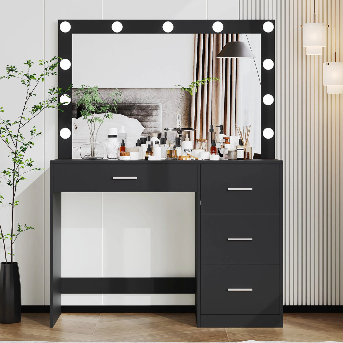 Modern Makeup Vanity Table with Lights, Vanity Desk with Mirror, 4 Drawers, Dressing Table, White