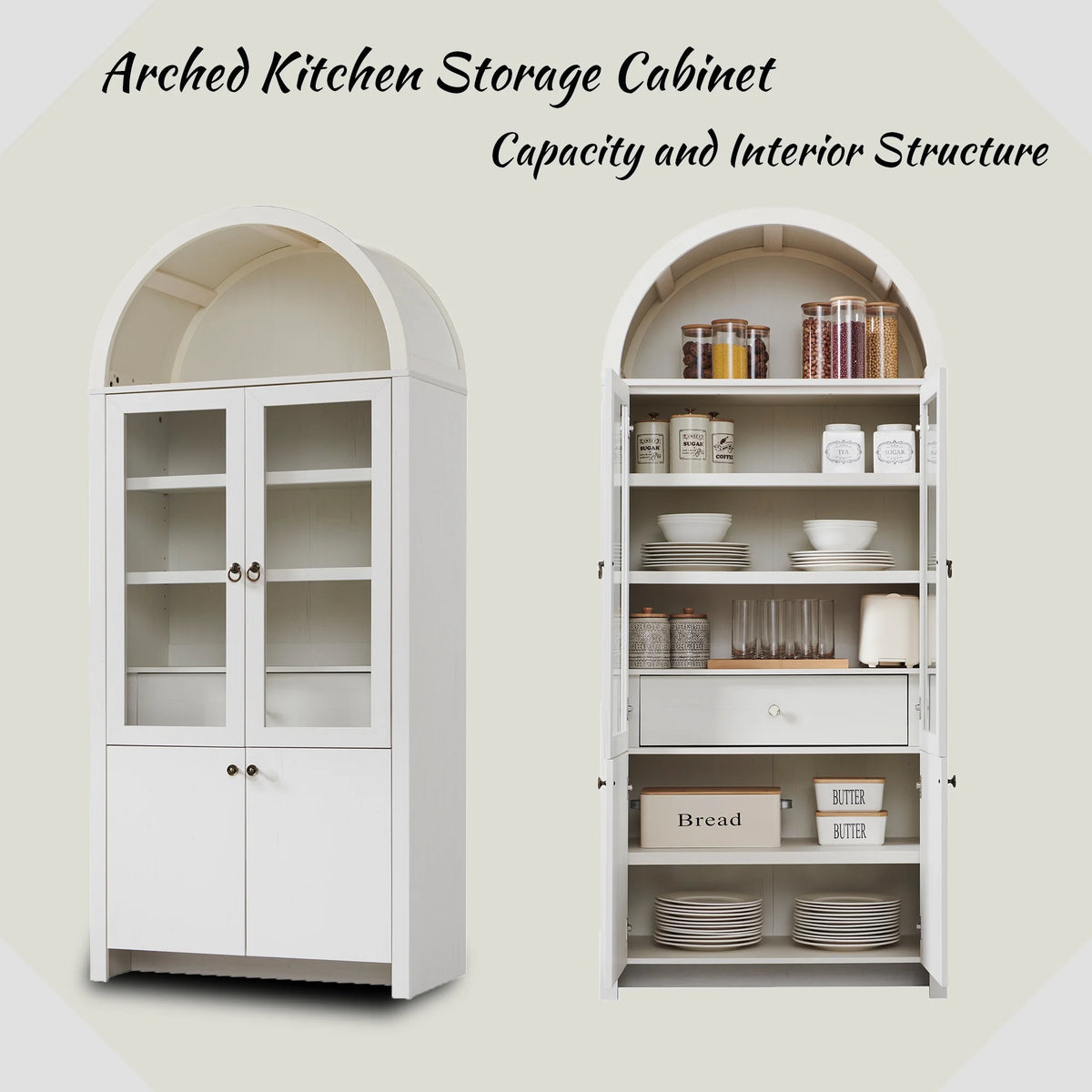 SinCiDo Arched Kitchen Pantry Storage Cabinet, 71-Inch Tall Wood Adjustable Shelves, 2 Doors, 2 Drawers