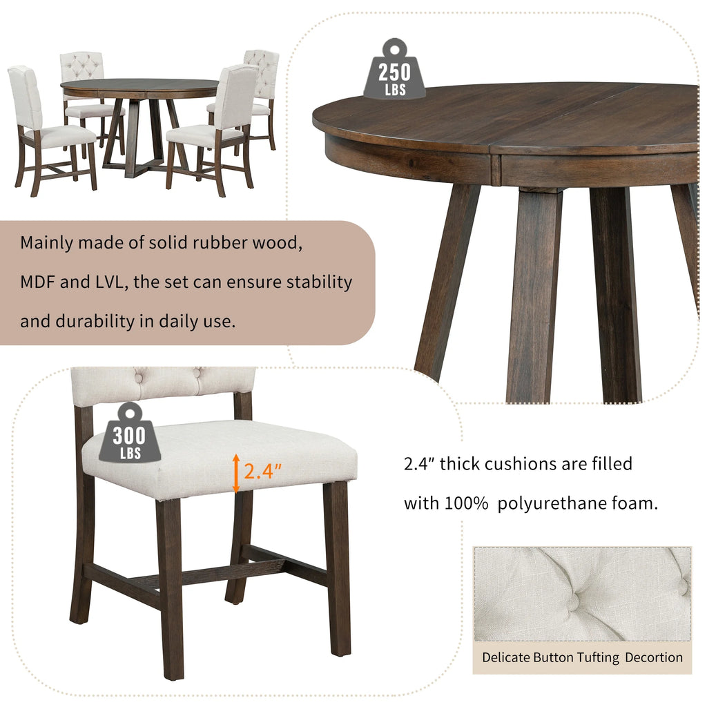5 Piece Round Dining Table Set, Dining Room Set with Extendable Table and 4 Upholstered Chairs, Wood Dining Table Set for 4, Farmhouse Dining Table Set for Kitchen Dining Room Dorm Apartment, Brown