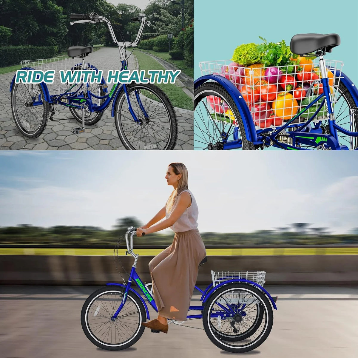 FICISOG 7 Speed Adult Tricycle for Women, 20/24/26 Inch Adult Trike with Basket, 3 Wheel Bikes for Adults Seniors, Cruise Trike for Shopping Picnic