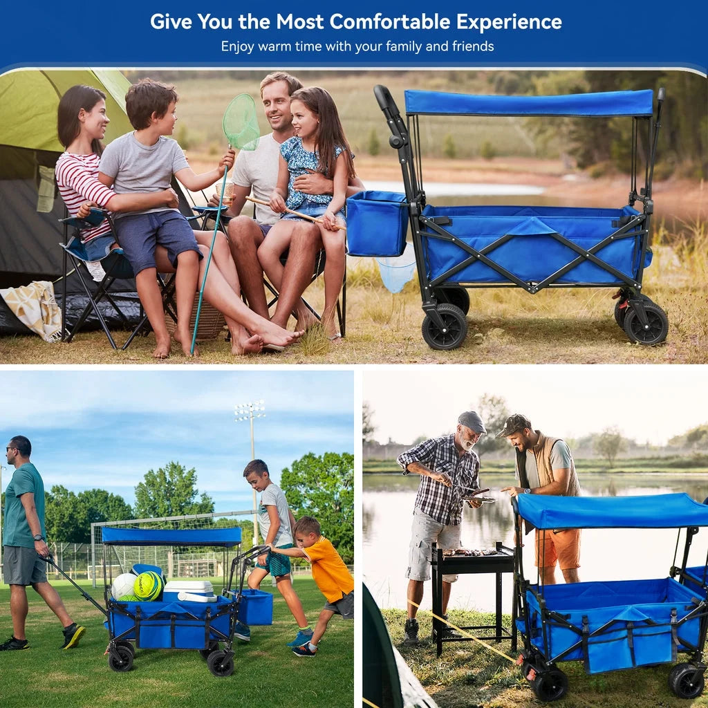 VECUKTY Collapsible Garden Wagon Cart with Removable Canopy Black