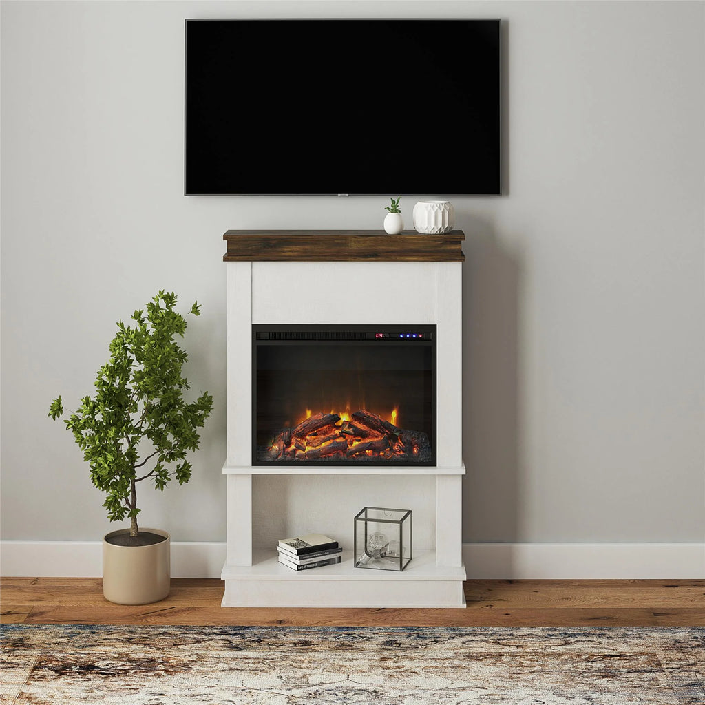 Mateo Electric Fireplace with Mantel and Open Shelf, Black with Natural