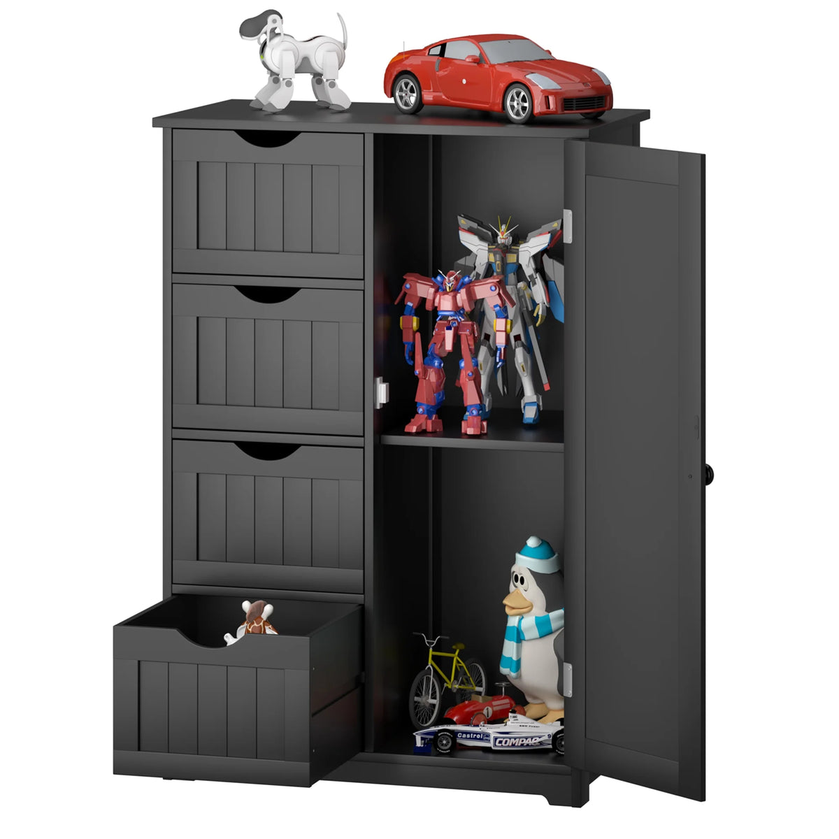 Gymax Bathroom Floor Cabinet Storage Organizer Cupboard w/ 4 Drawers Adjustable Shelf Grey