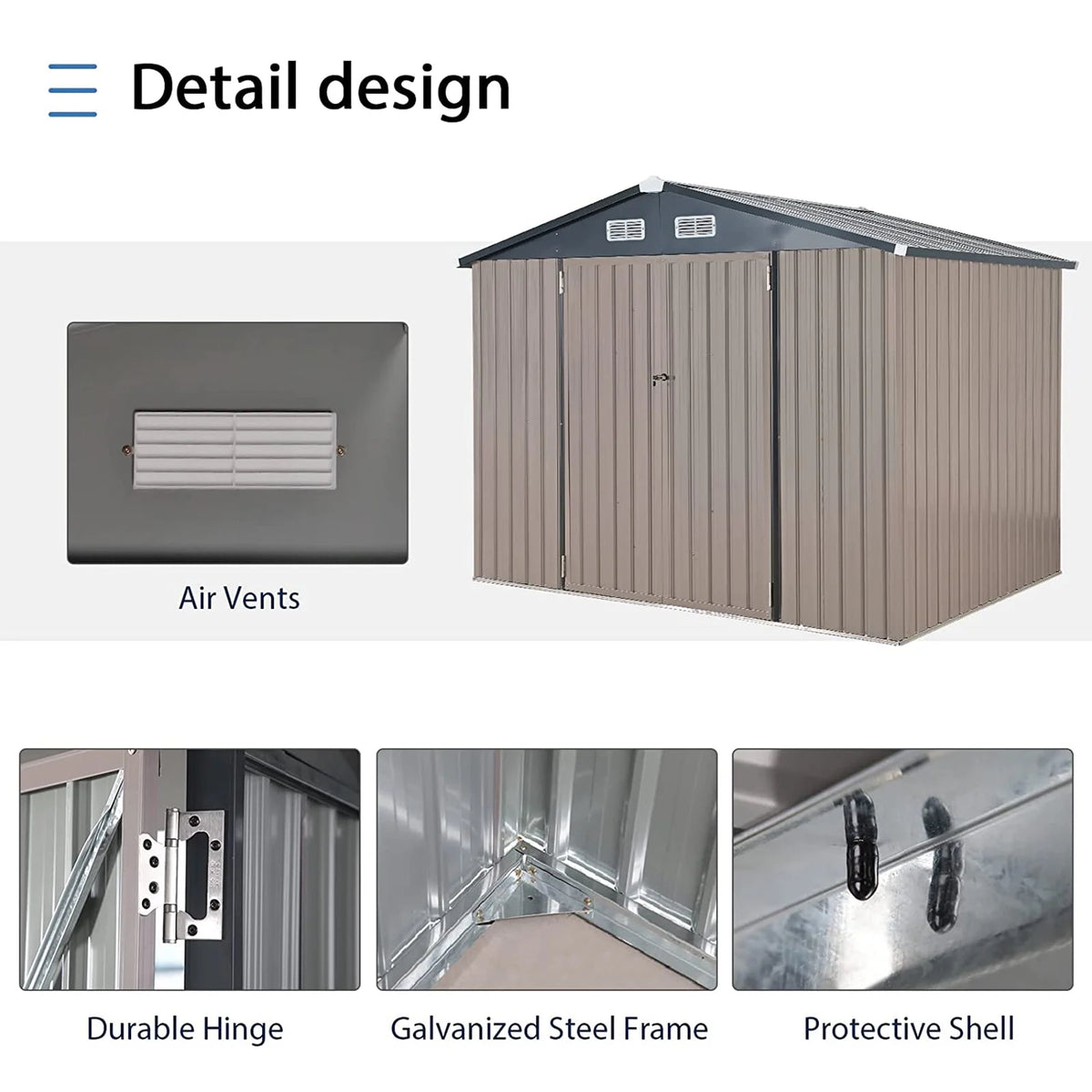 JOIVI 8'x6' Outdoor Storage Shed, Galvanized Metal Tool Storage Shed, Weather Resistant Garden Shed W/Lock for Backyard Patio Lawn, Brown