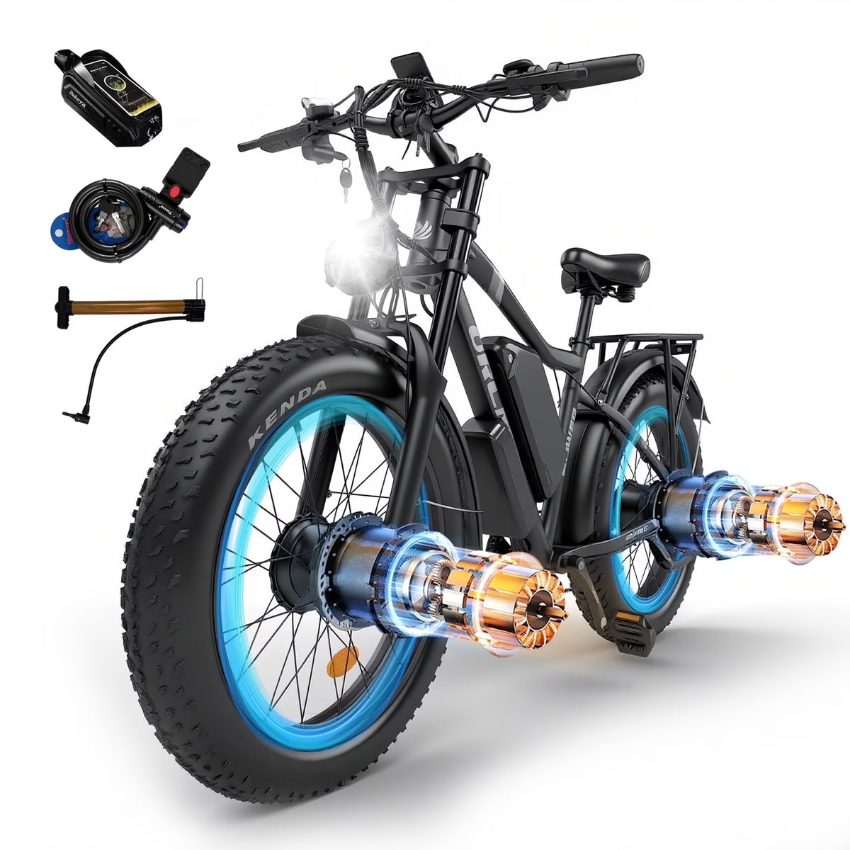 3000W Peak Dual Motor E-Bike, 52V 25AH Battery Elec-tric Bike for Adults, 35MPH Mountain AWD 7-Speed Snow E-Bike with 24" x 4.0 Fat Tire for Mountain Snow Hunting Commuting