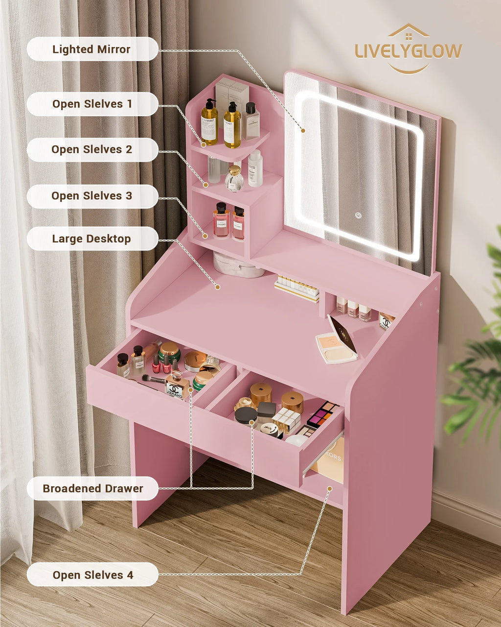 LIVELYGLOW Vanity Desk Set with Square Mirror and Light- Small Vanity Table with Drawers- White
