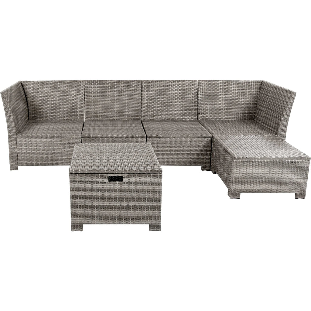 Euroco 6-Piece Outdoor Sofa Set with Storage Box, PE Wicker Seating Set for 5, Beige