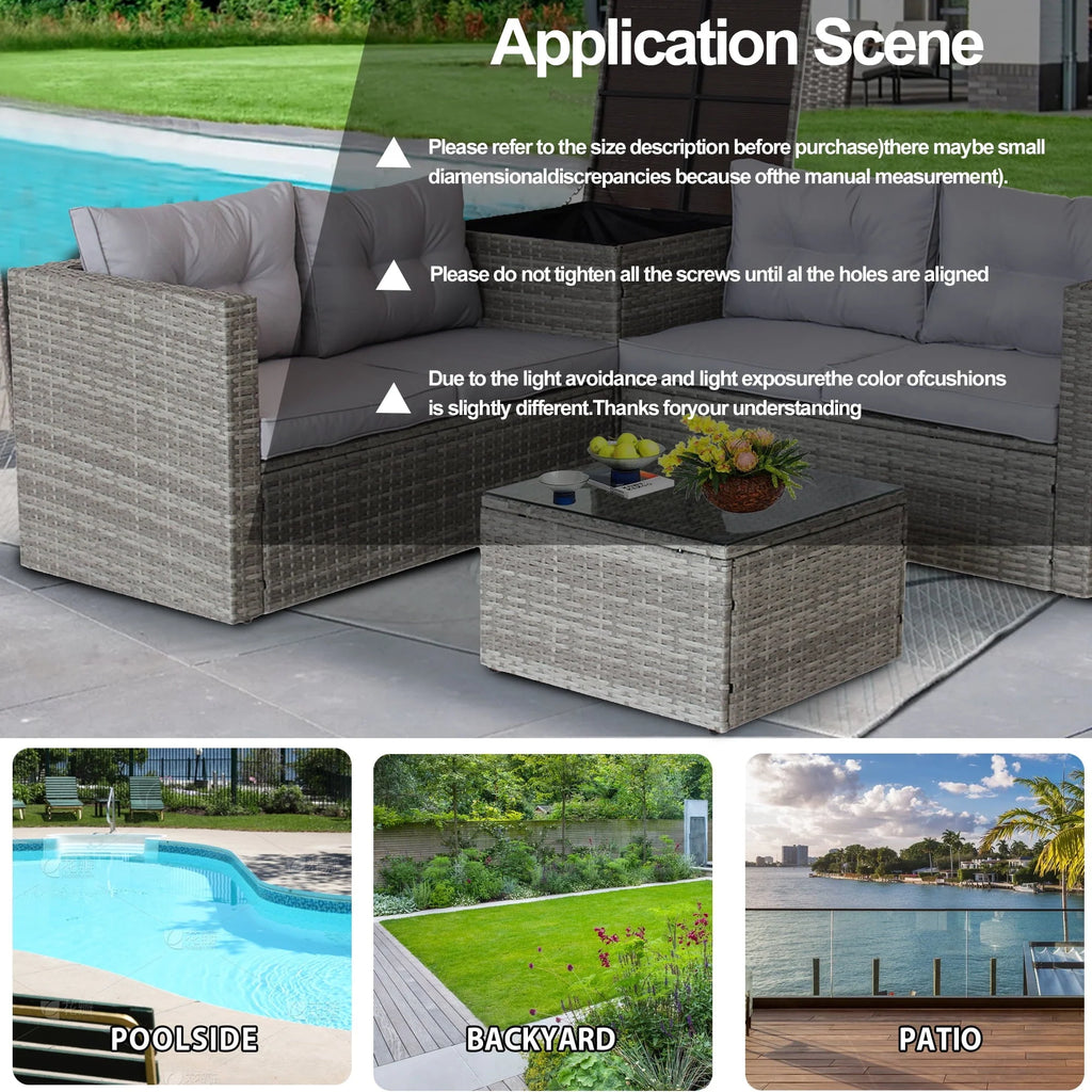 SEGMART Patio Furniture Sets, 4 Piece Patio Furniture Sets with Loveseat Sofa, Storage Box, Tempered Glass Coffee Table, All-Weather Patio Sectional Sofa Set with Cushions for Backyard Garden Pool