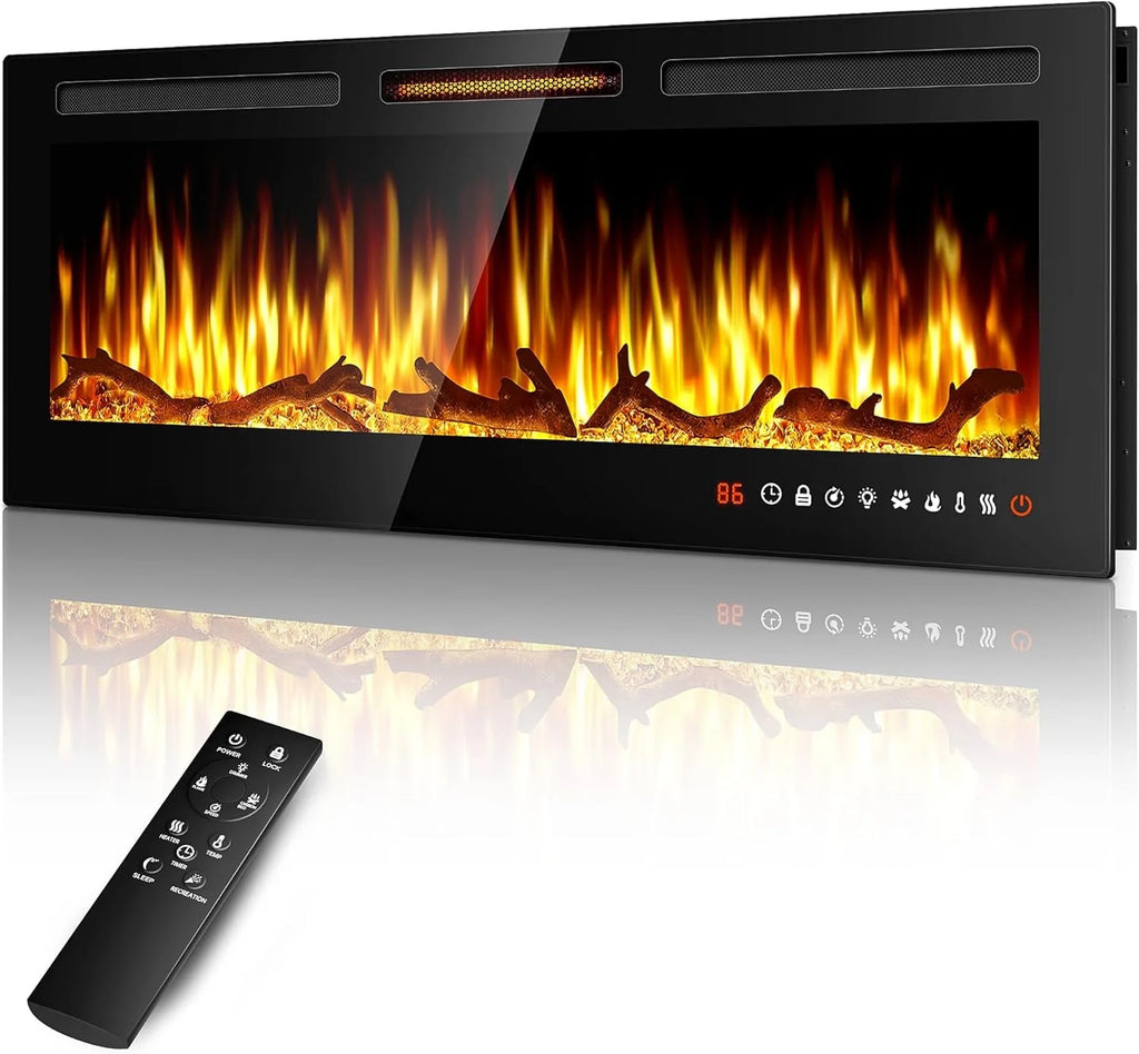 60" Electric Fireplace, Ultra-thin Recessed and Wall Mounted Fireplace, Linear Fireplace with Timer Remote Control Adjustable Flame Color 750w/1500w Black