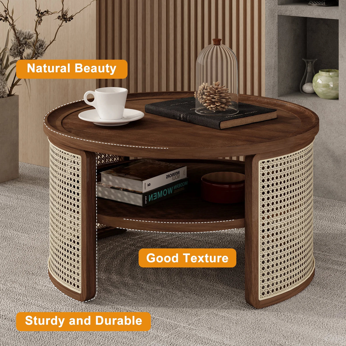 Harper & Bright Designs Rattan Round Coffee Table with Storage Shelf, Round Cane Wood Center Table for Living Room, 37'' Brown
