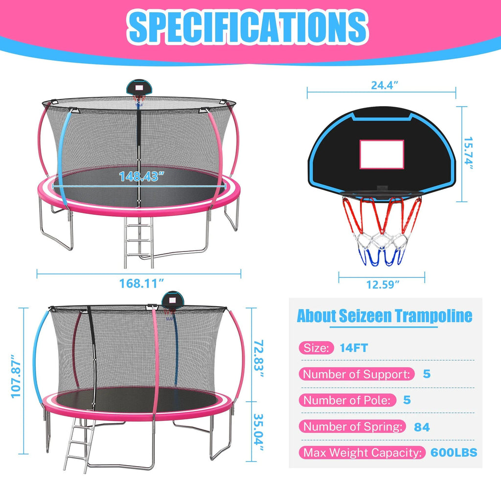 Trampoline Outdoor, 14FT Kids Trampoline with Enclosure Net and Ladder, Upgrade All-Weather Round Trampoline Curved Design with 5 Heavy-Duty Steel Legs