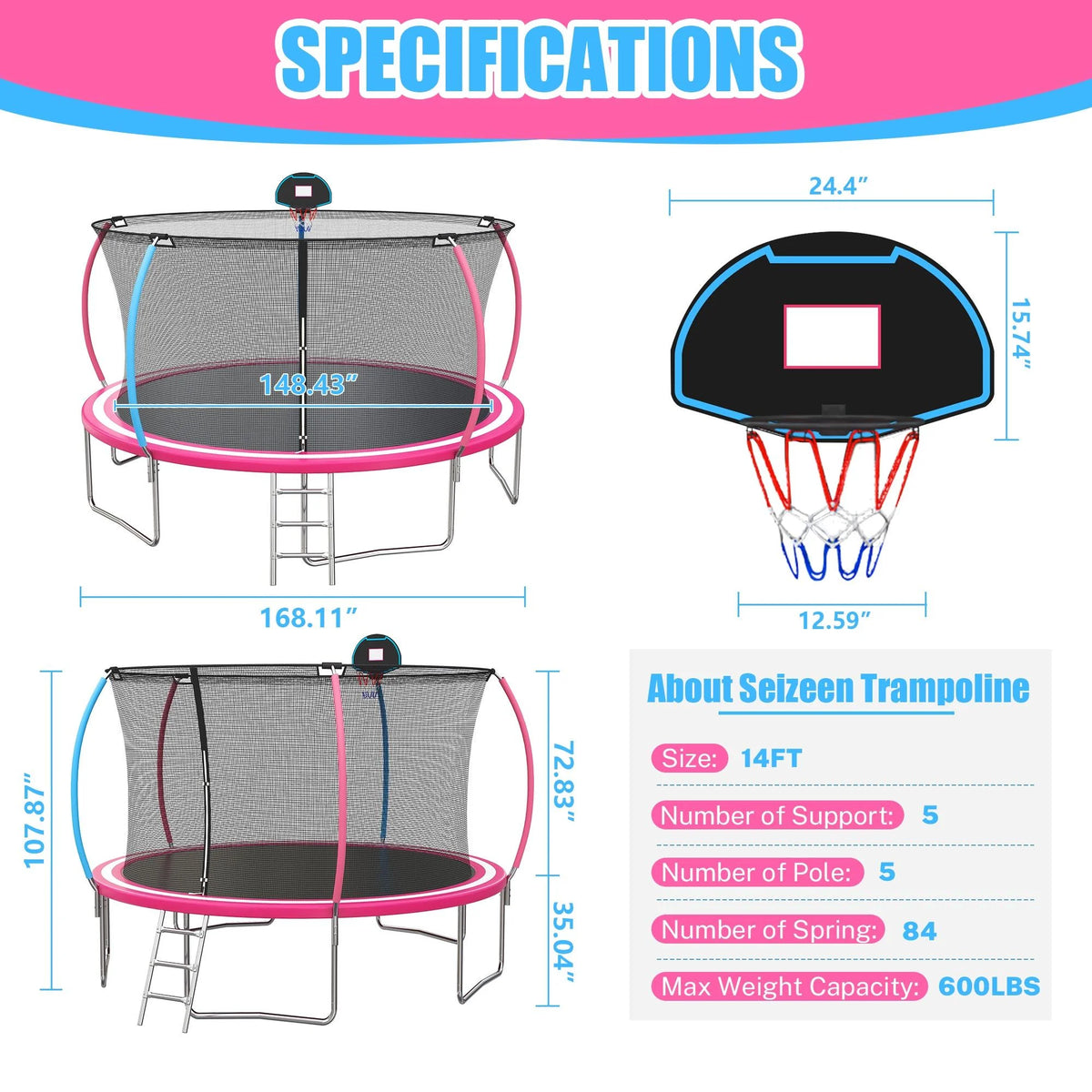 Trampoline Outdoor, 14FT Kids Trampoline with Enclosure Net and Ladder, Upgrade All-Weather Round Trampoline Curved Design with 5 Heavy-Duty Steel Legs