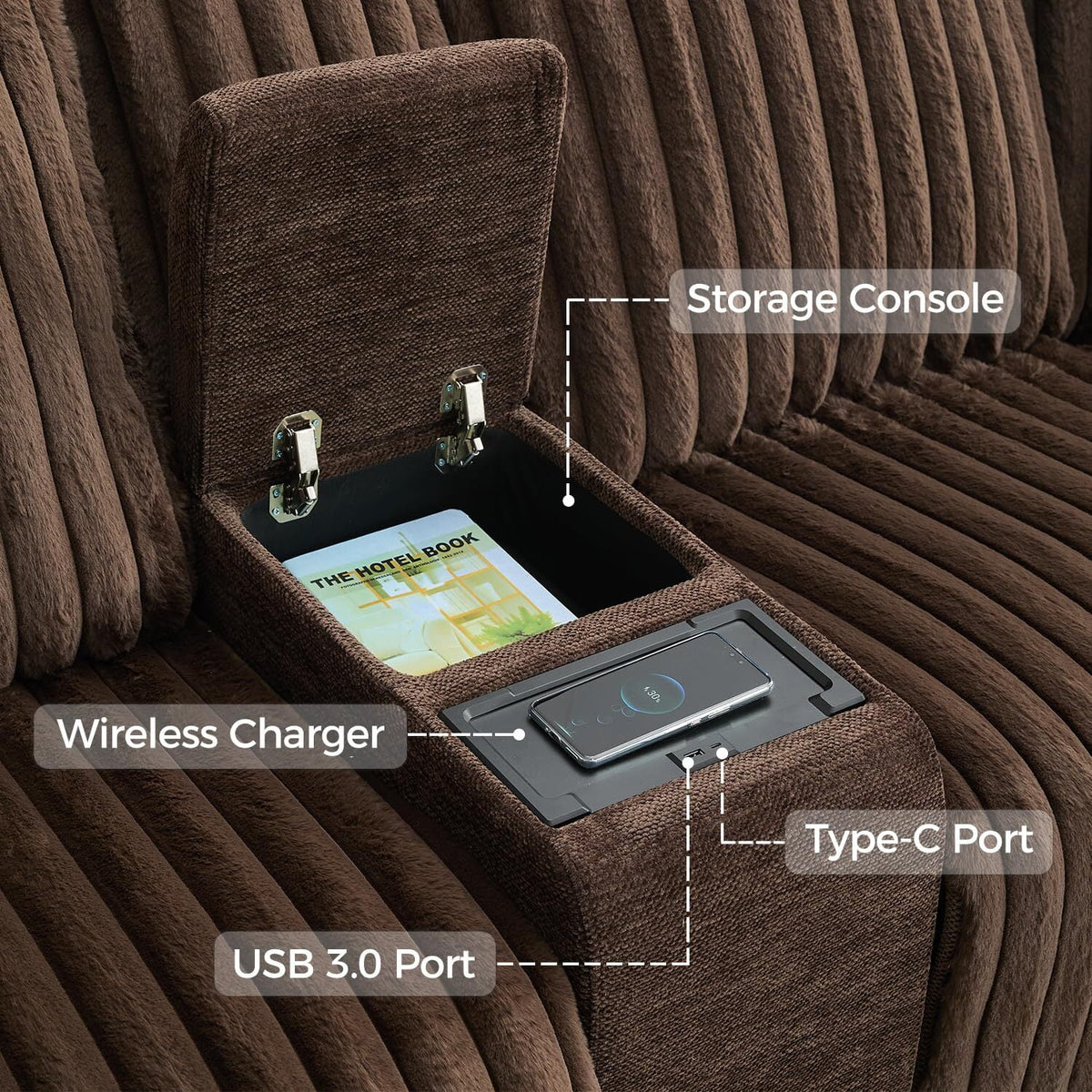 Power Reclining Sectional Sofa with Wireless Charger,6-Seater Faux Fur Sectional with Recliners,Hidden Cup Holders,Storage Console,USB & Type-C Ports,Black