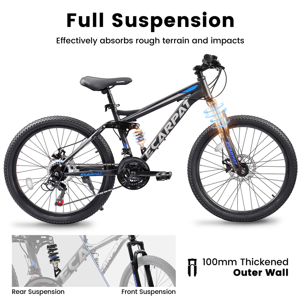 24 inch Dual/Front Suspension Mens Womens Mountain Bike,21 Speeds Dual Disc Brake,High-Carbon Steel Frame,Trail Beach Snow Commuter City Bikes,Black