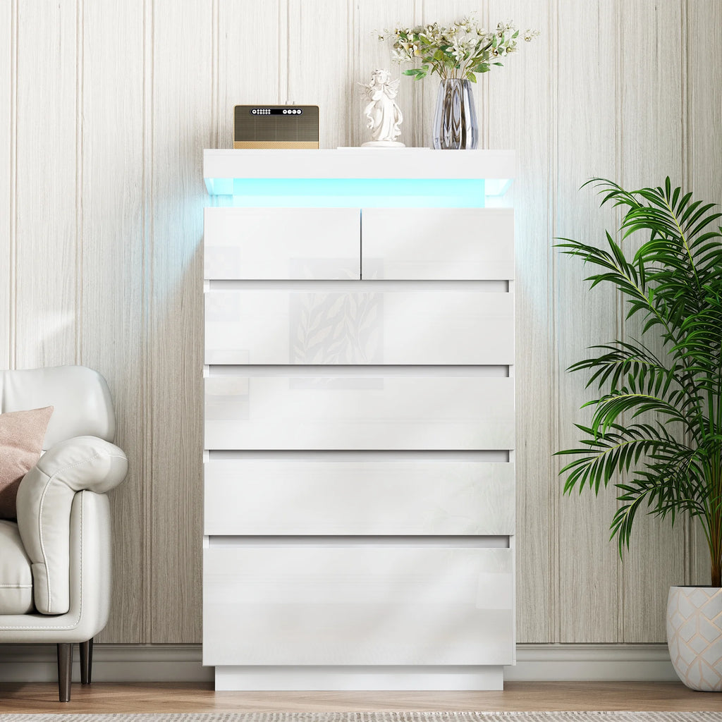 NEGYLIM 6 Drawer White Dresser, High Gloss Dresser with LED Light for Bedroom, Living Room, Hallway, Easy Assembly