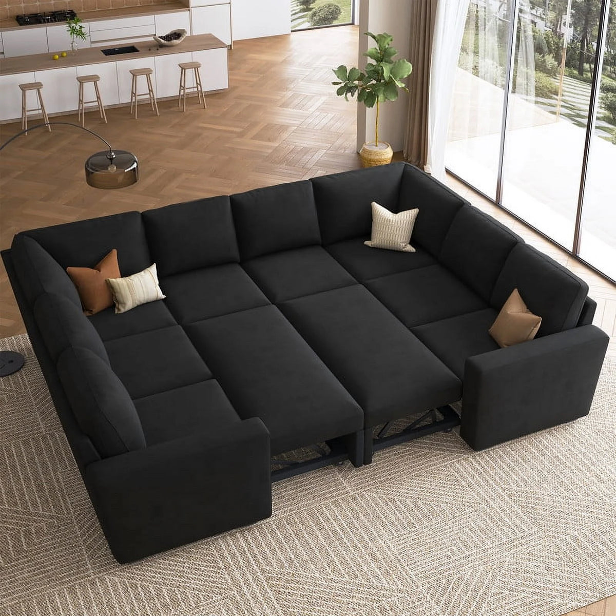 Honbay Convertible Velvet Sofa Bed with Pull-Out Couch Bed and Storage, Black