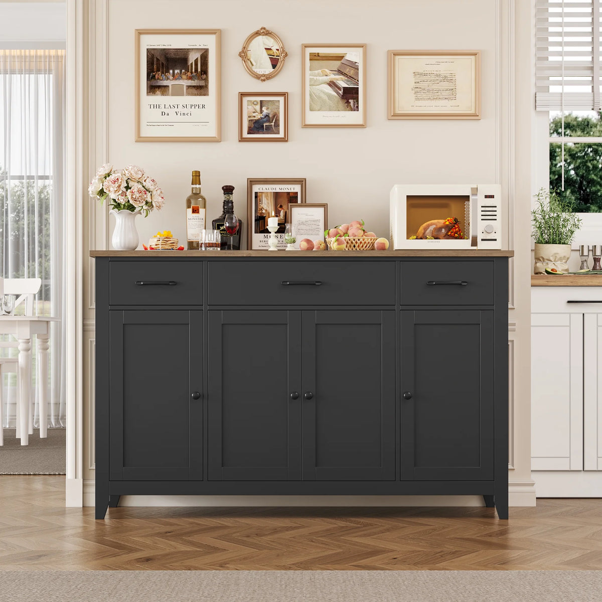 Hiphuta 55"Wide Buffet Cabinet with 2 Adjustable Shelves, Modern Farmhouse Coffee Bar with 3 Drawers and Sturdy Base for Living Room, White
