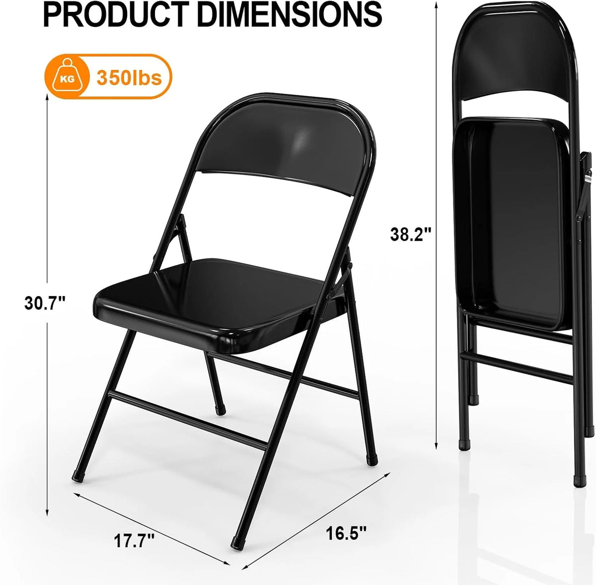 VINGLI Folding Chairs All Steel Metal Frame, Capacity 350 lbs, Durable Portable and Versatile for Indoor Outdoor Use, Black, Set of 8