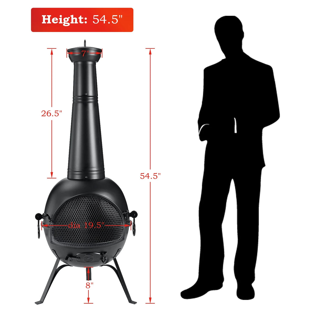 54.5in Fire Pit Chiminea Outdoor Fireplace Cast Iron Fireplace for Outside Garden Treasures Cast Iron Wood Burning Firepit Outdoor Heating with Log Grate, Poker and Cover