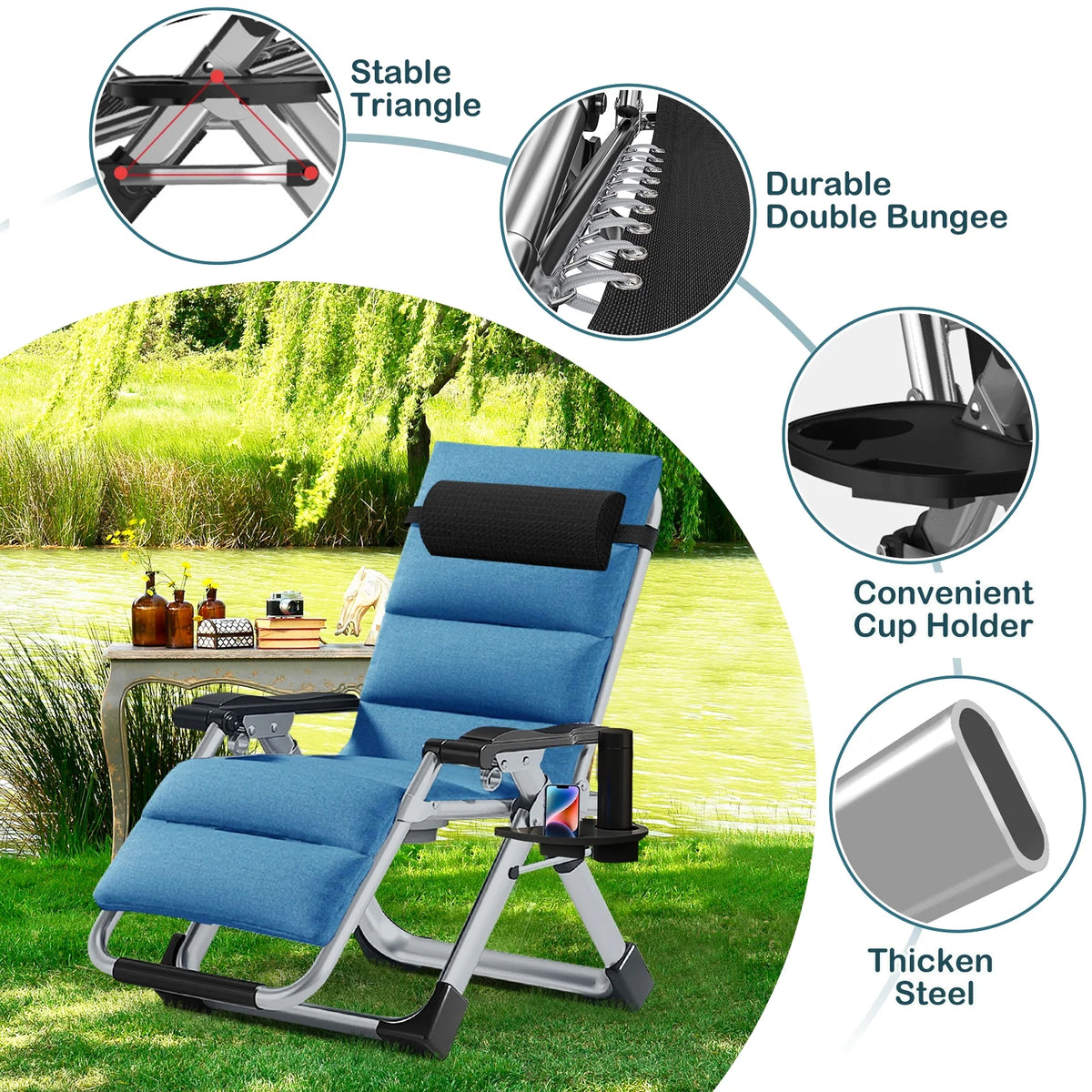 NAIZEA Zero Gravity Chair with Removable Cushion and Cup Holder Black