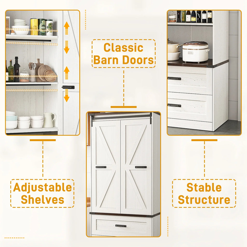 72''Tall Farmhouse Kitchen Pantry Cabinet, 3 Layers Storage Cabinet with Adjustable Shelves, 2 Drawer, Folding Door, Versatile Large Rustic Cabinet for Kitchen, Dining Room, Living Room, Bathroom