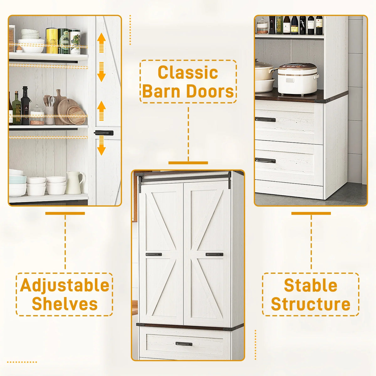 72''Tall Farmhouse Kitchen Pantry Cabinet, 3 Layers Storage Cabinet with Adjustable Shelves, 2 Drawer, Folding Door, Versatile Large Rustic Cabinet for Kitchen, Dining Room, Living Room, Bathroom
