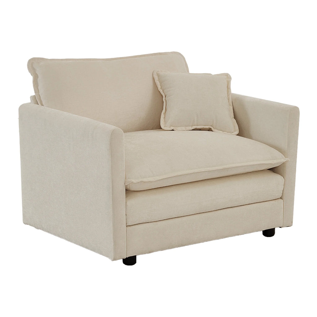 Comfy Deep Seat Sofa Chair, Upholstered Chenille Fabric Armchair with Toss Pillow for Living Room, Bedroom - Beige, Sturdy Wood Frame, 22+ Combination Options