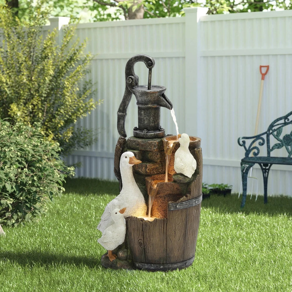 LuxenHome Farmhouse Pump and Duck Family Resin Outdoor Fountain with LED Lights