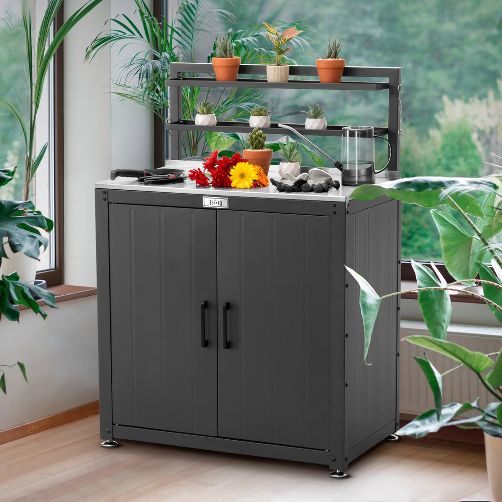 Feasto Garden Potting Bench with Storage Cabinet,Outdoor Gardening Table & Work Bench for Horticulture,Black