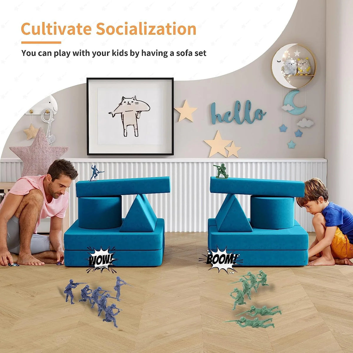 13Pcs Kids Couch, Wanan Toddler Couch Kids Sofa Couch, Kids Fold Out Couch for Playroom Bedroom, Modular Couch for Boys and Girls, Play Couch Sofa for Kids, Blue