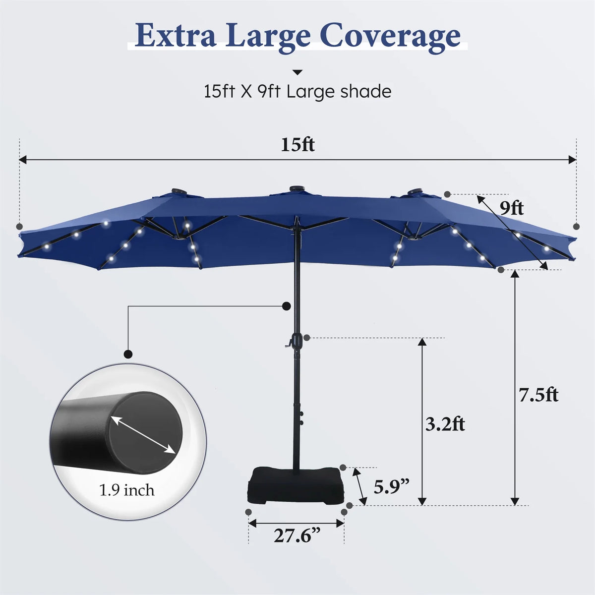 Summit Living 15 FT Double-Sided Solar Patio Umbrella with Base Large Outdoor Umbrella with LED Solar Lights - Haze Blue