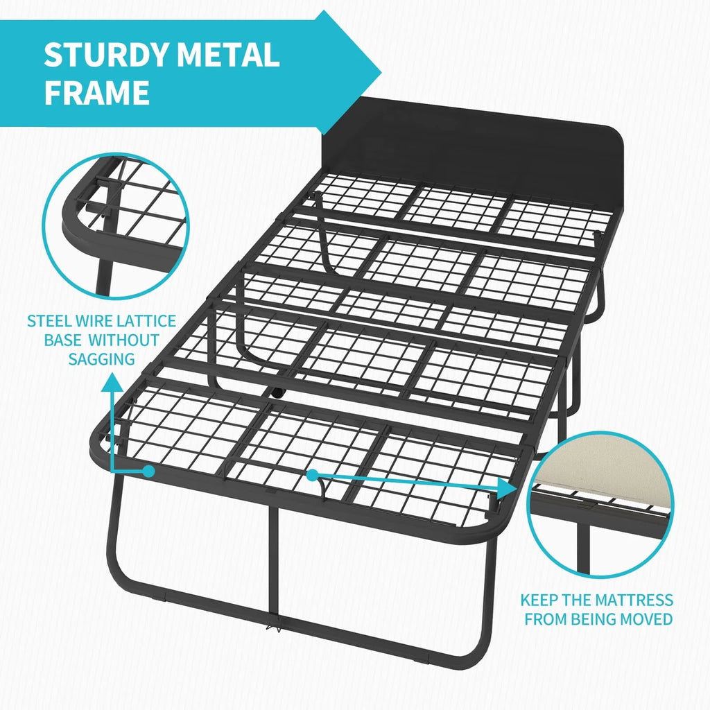 CECER Folding Bed with 5-inch Thick Mattress and Headboard|31" Width Twin Size Portable Bed|Space Saving Foldable Bed with High Resilient Foam Mattress|Foldable Metal Bed Frame with 4 Lockable Wheels