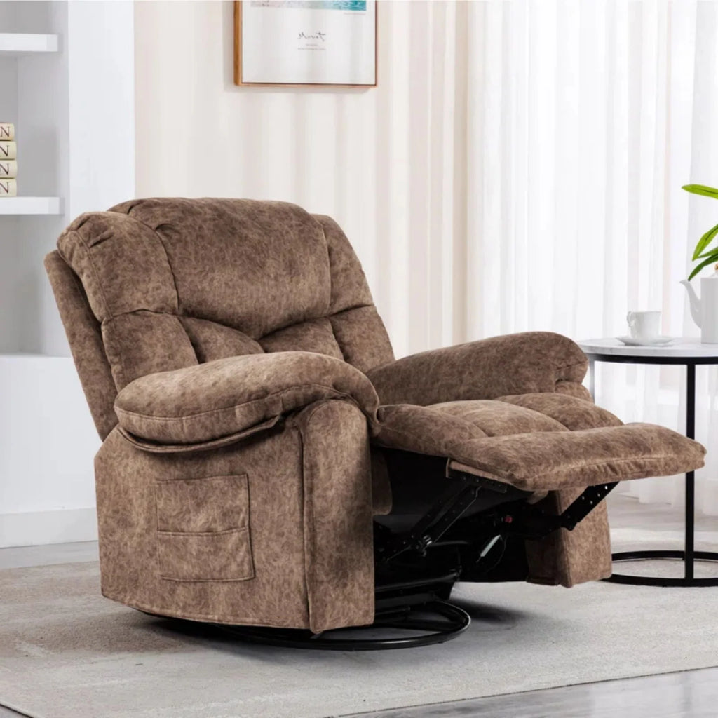 Colerline 35.43" Wide Modern Velvet Upholstered Heating & Massage Swivel Reclining Rocker Chair with Hidden Cupholders for Living Room and Bedroom, Brown