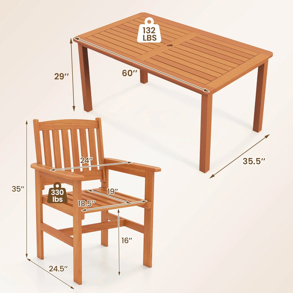 Costway 7 PCS Patio Wood Dining Table Set with 2 Umbrella Hole Outside Furniture Set