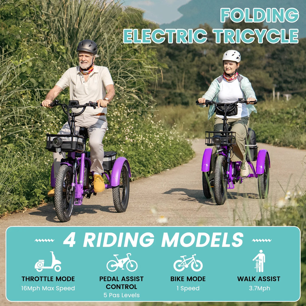 MOONCOOL TK1 Folding Electric Tricycle for Adults,48V 14.5Ah Removable battery, 500W Peak 1000w Motor, 20" Fat Tire Step-Thru 3Wheel Electric Bicycle w/Front&Rear Baskets, Certified to UL 2849 by SGS