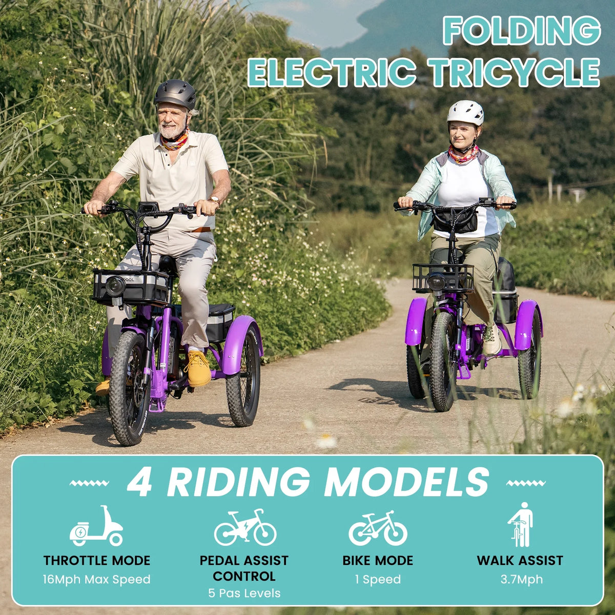 MOONCOOL TK1 Folding Electric Tricycle for Adults,48V 14.5Ah Removable battery, 500W Peak 1000w Motor, 20" Fat Tire Step-Thru 3Wheel Electric Bicycle w/Front&Rear Baskets, Certified to UL 2849 by SGS