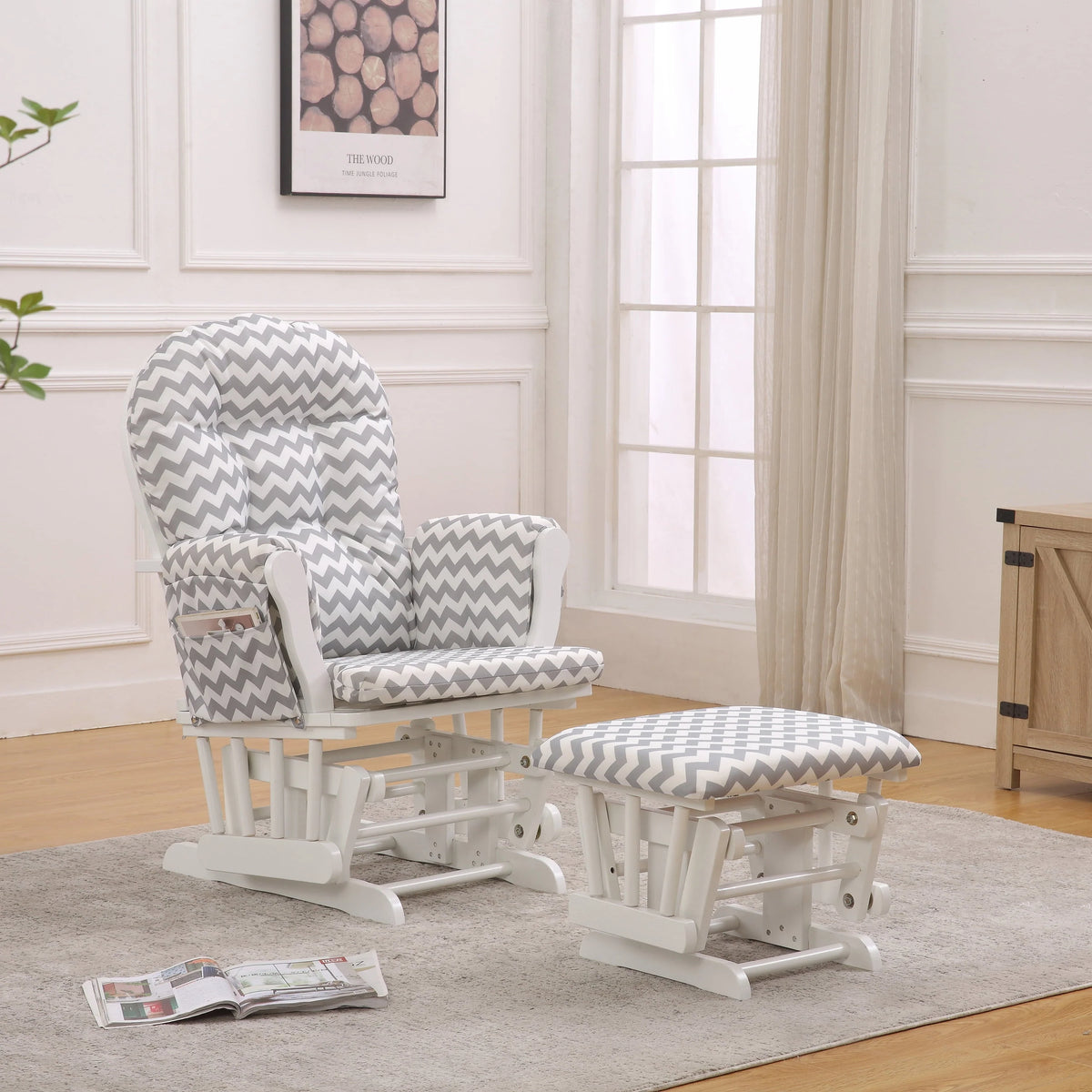 Willow Glider with Ottoman, White Finish with Gray Chevron Cushions