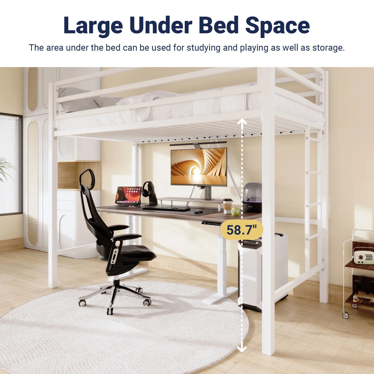 Sifurni Black Heavy Duty Twin Size Metal Loft Bed with Full-Length Guardrail & Removable Stairs