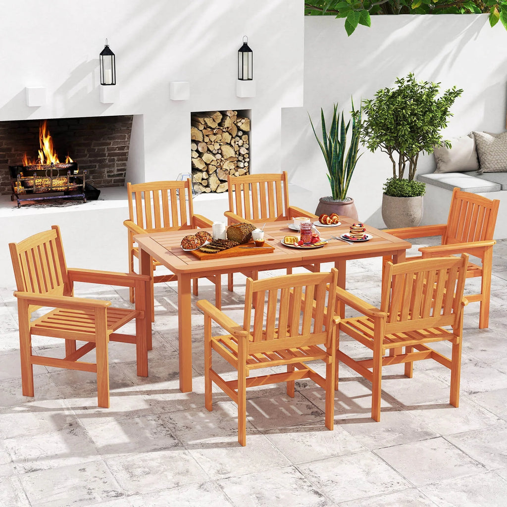 Costway 7 PCS Patio Wood Dining Table Set with 2 Umbrella Hole Outside Furniture Set