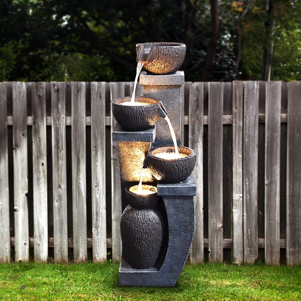 Outdoor Water Garden Fountain 37.40 H Waterfall Small Fountains Cascading Bowl and Jar Water Feature with LED Light for Backyard Patio Porch and Home Art Decor