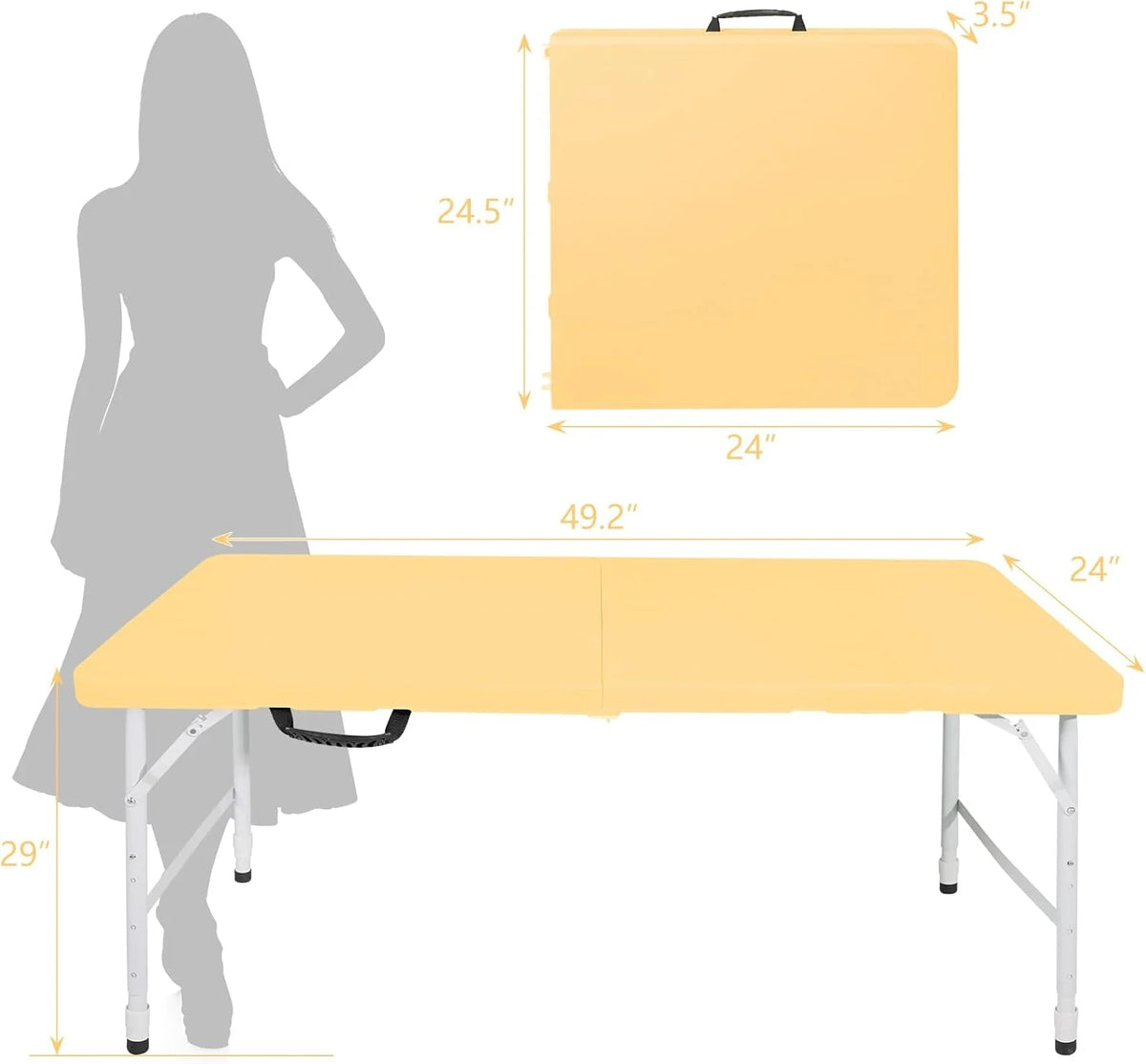 Folding Table with Carry Handle, Portable Fold-in-Half Plastic Table, Rectangle Foldable Table for Indoor
