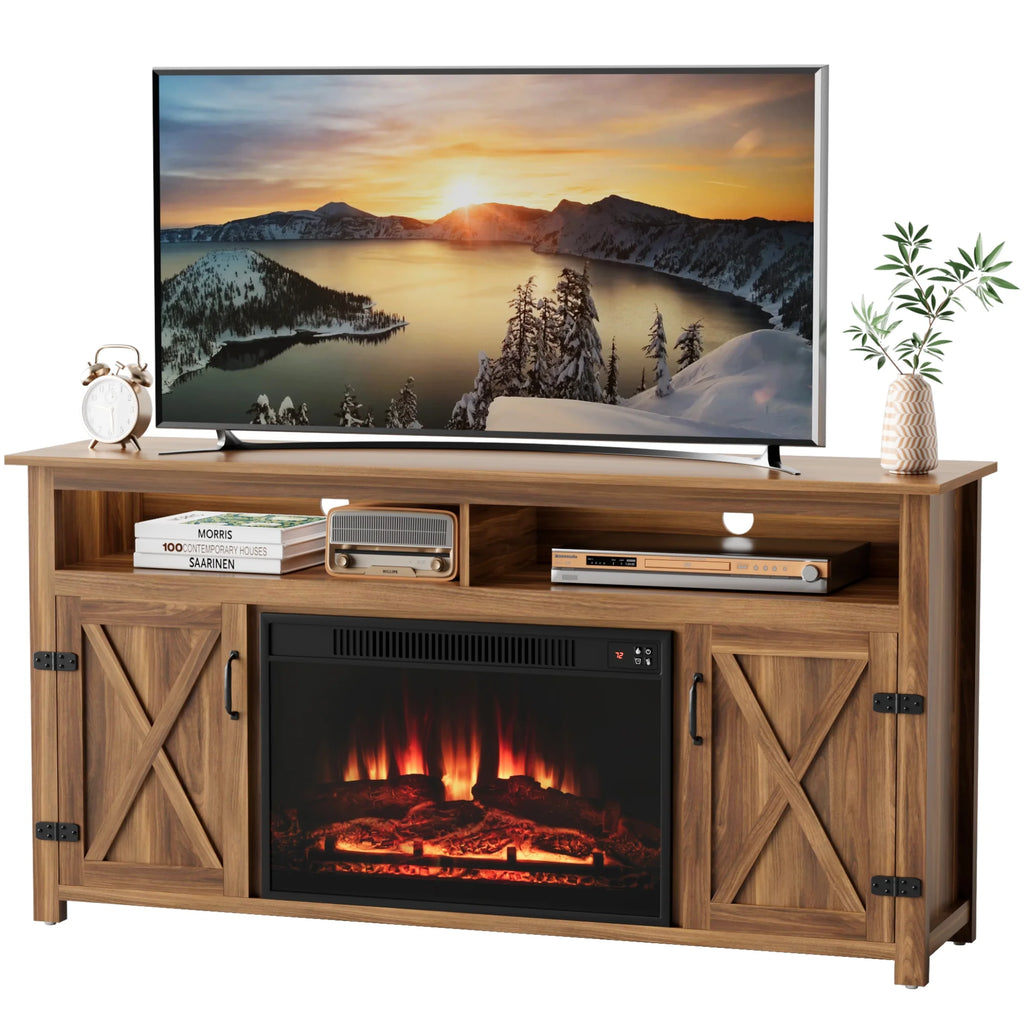 Homall Rustic 65" Television Stand with Electric Fireplace & 2 Shelves, Wood Oaken, 15.1'' W