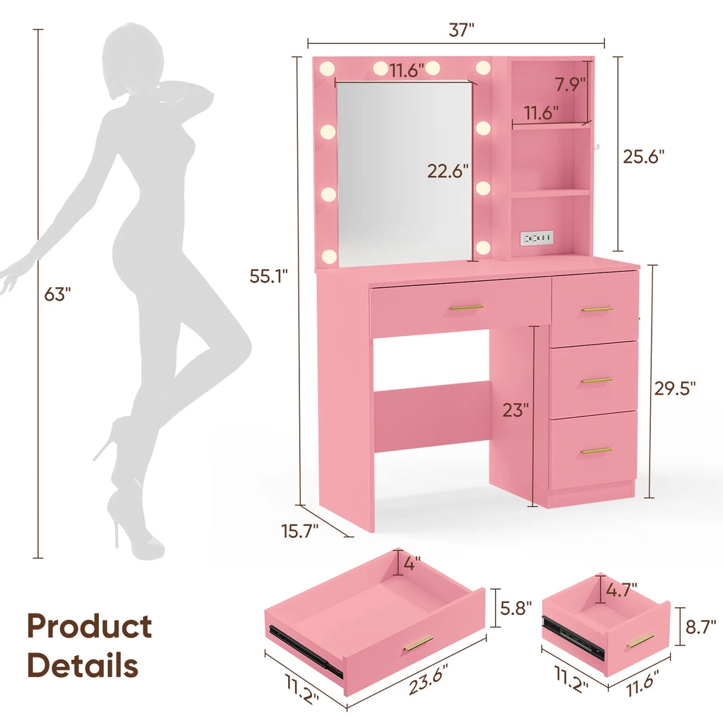 Makeup Vanity with Mirror and 3 Color Lights,Vanity Dressing Table with USB Charging Station,4 Drawers,Open Storage Shelves,White