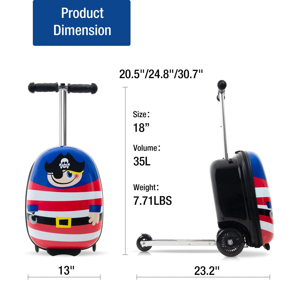 Kids Luggage Scooter, 3-Level Height Adjustable, Pirate Theme  Foldable Carry-On Suitcase, Lightweight Ride-On Scooter