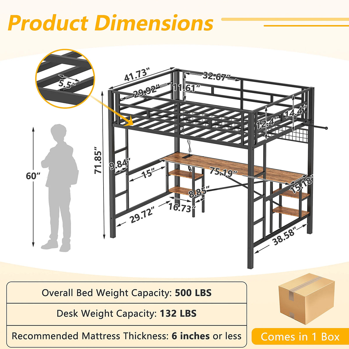 Twin Loft Bed with Desk, UHOMEPRO Metal Loft Bed with LED Lights, Charge Station, DIY Mesh, Clothes Rail, 4 Storage Shelves, Safety Rails and 2 Ladders, Loft Bed for Teen Adult, Black
