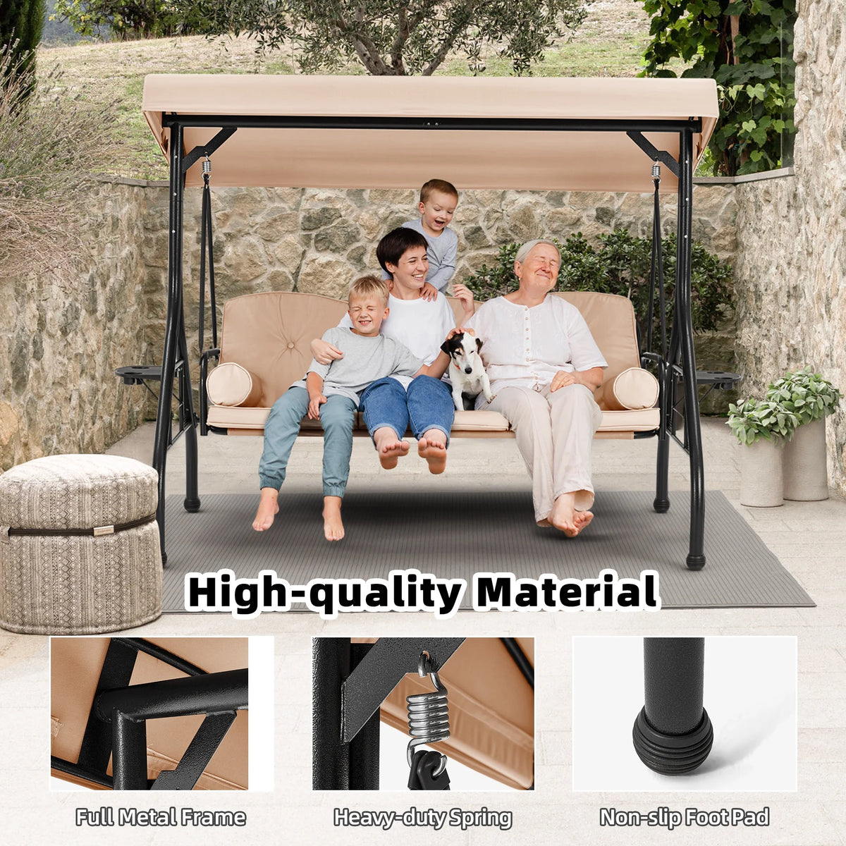 Homrest 3 Seat Outdoor Porch Swing with Adjustable Canopy, Cushions, and Cup Holder - Wine Red