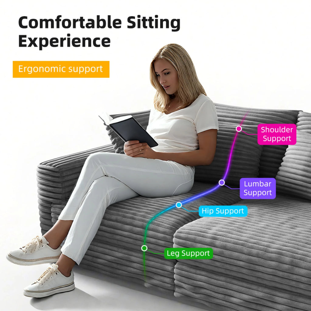Alvantor 4-Seat Sofa 102" W Corduroy Upholstered Deep Seat Couches Convertible Chaise for Living Room, Apartment Grey